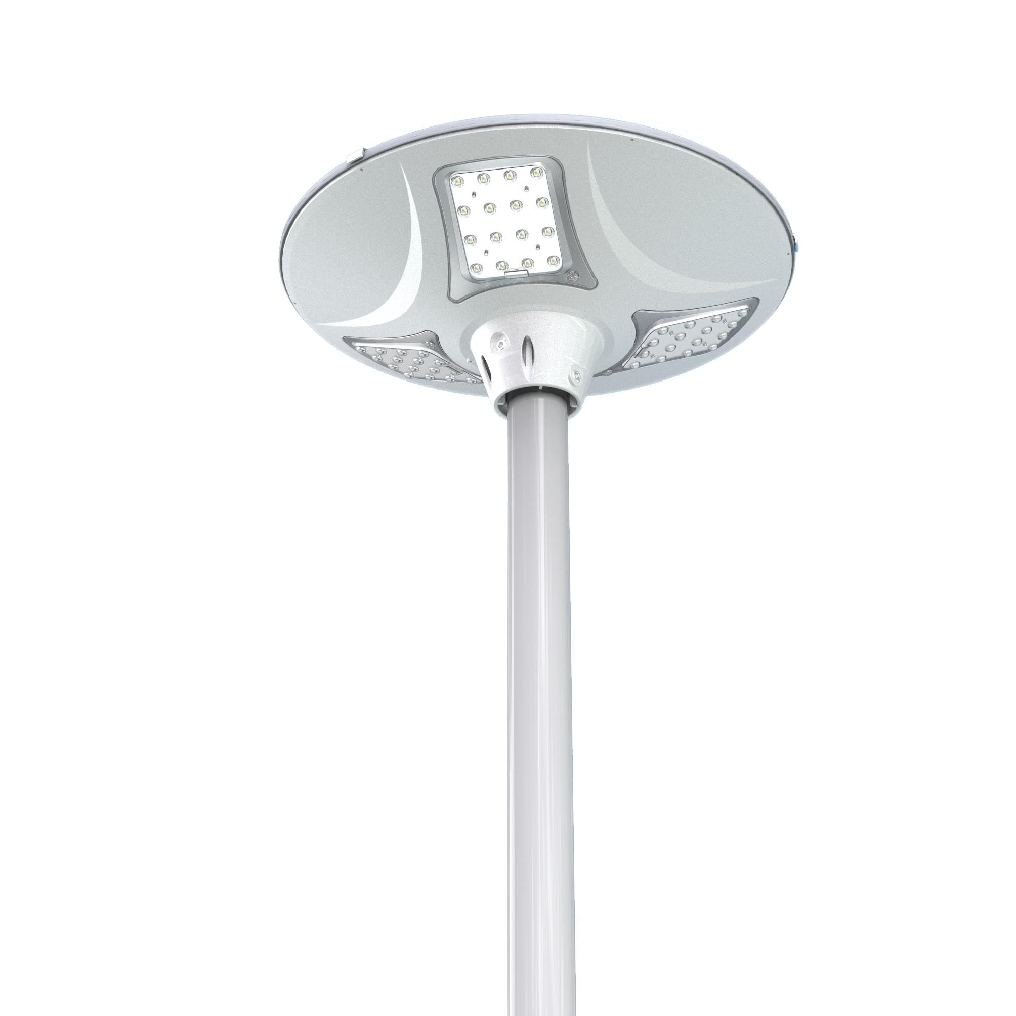 Lampione ad energia solare con pannello fotovoltaico incorporato sopra, 3 blocchi di led per un flusso luminoso di 2000 lumen