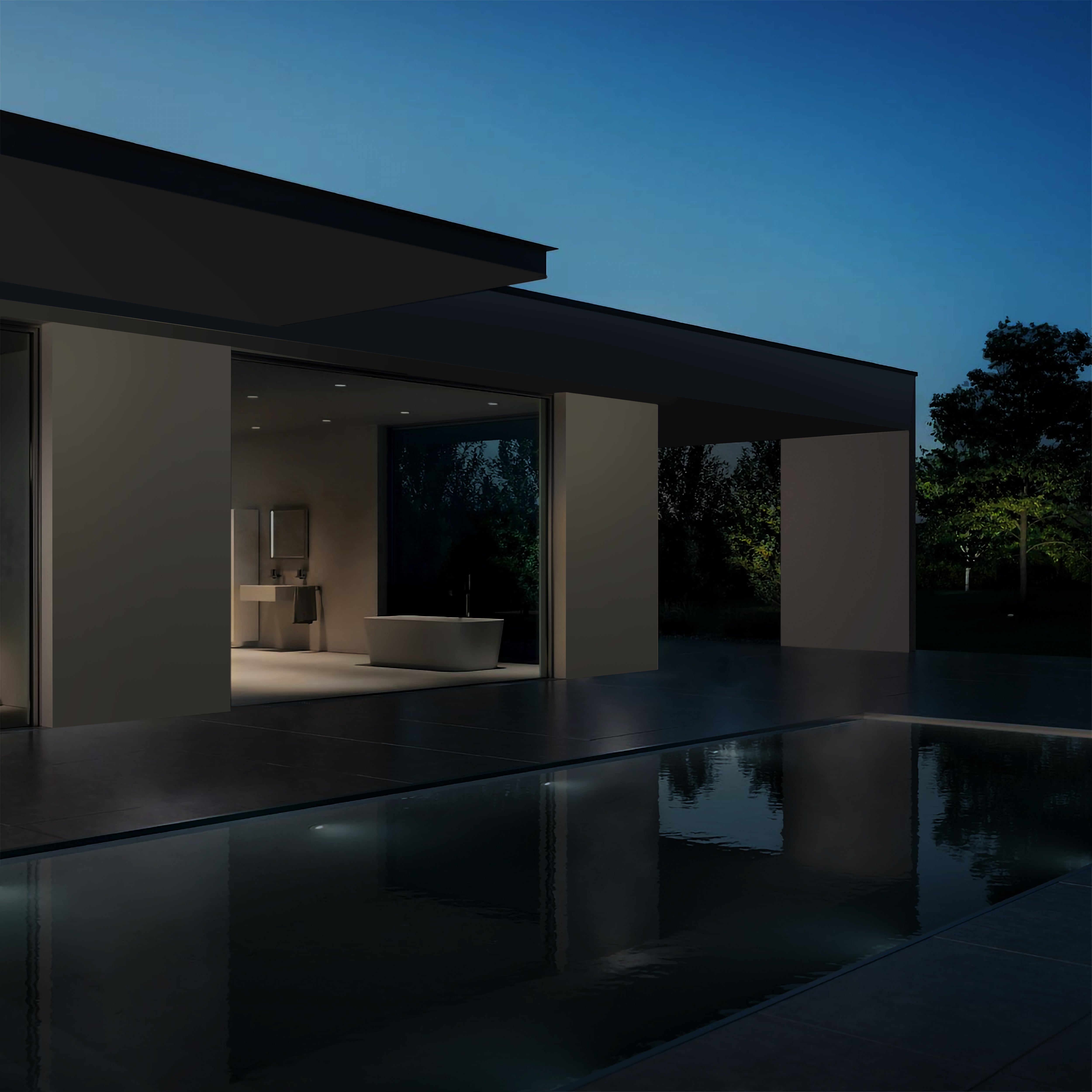 esterno di un abitazione con piscina buia