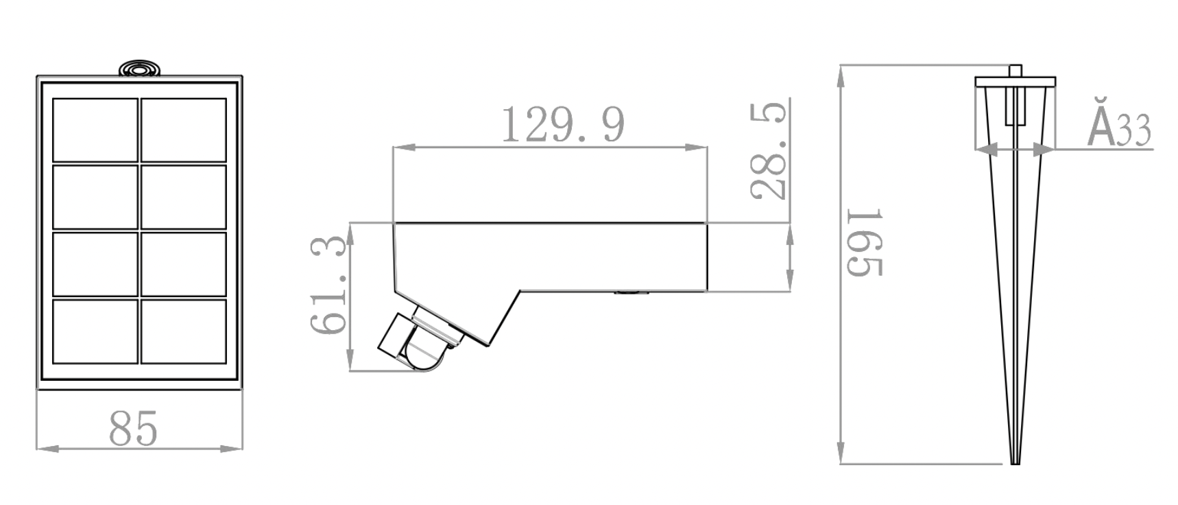 Dimensioni del faretto solare e del picchetto in dotazione