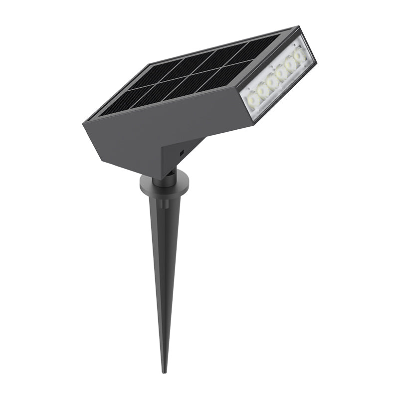 faretto con pannello solare incorporato nella parte superiore, 6 led con flusso luminoso da 500 lumen, dotato di picchetto per installazione al terreno