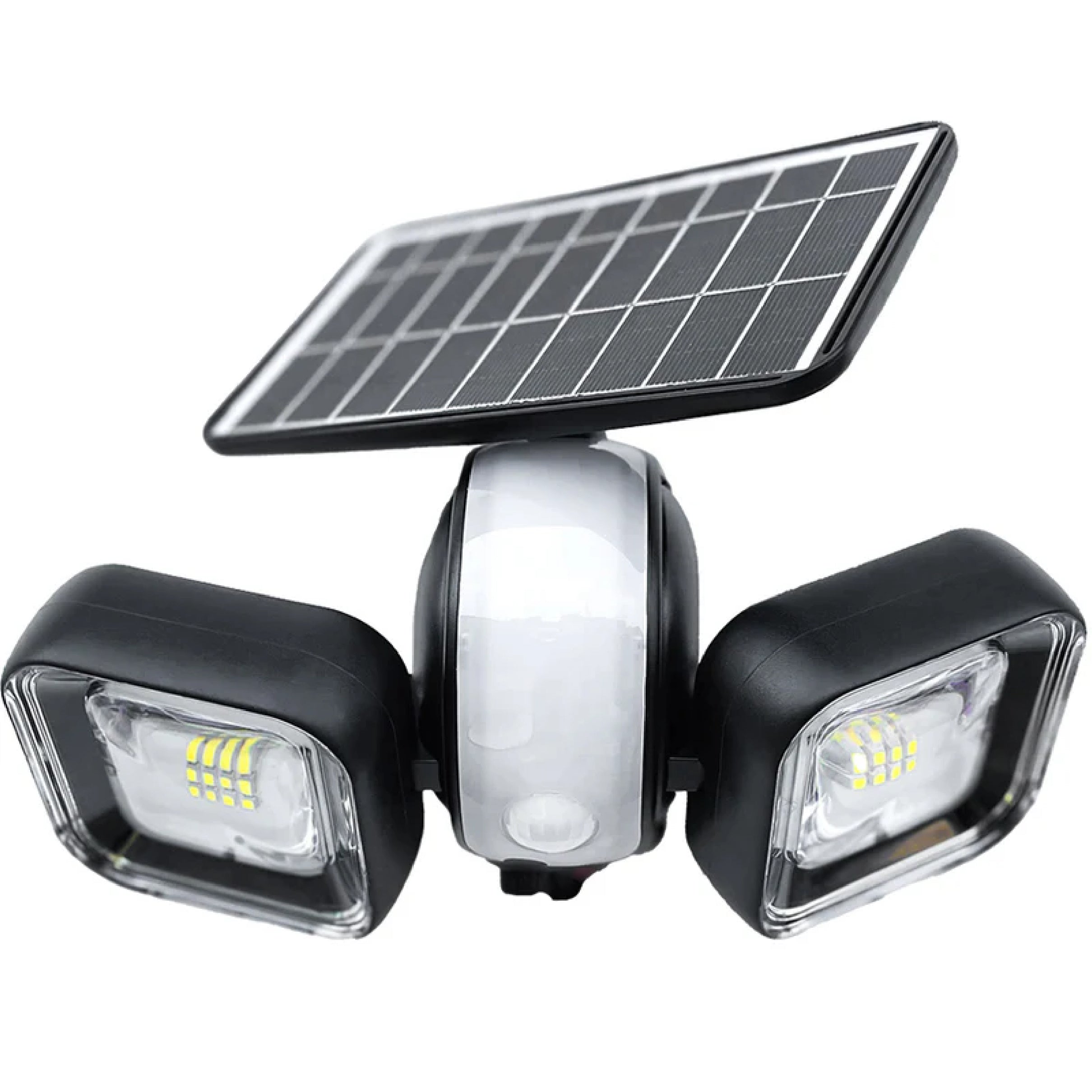 Faro solare con pannello fotovoltaico e corpi illuminanti regolabili