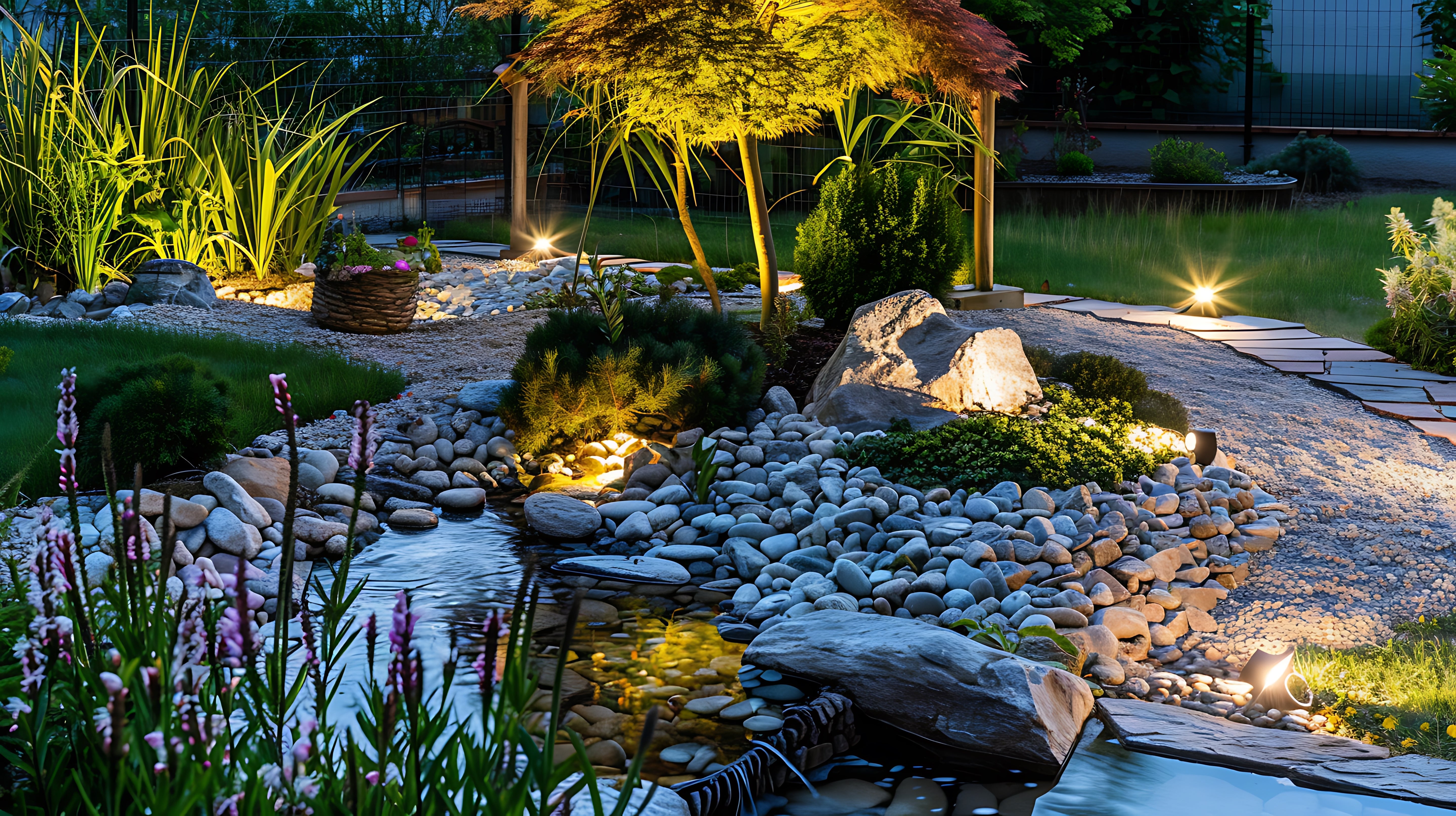 illuminazione ad energia solare di un giardino con laghetto