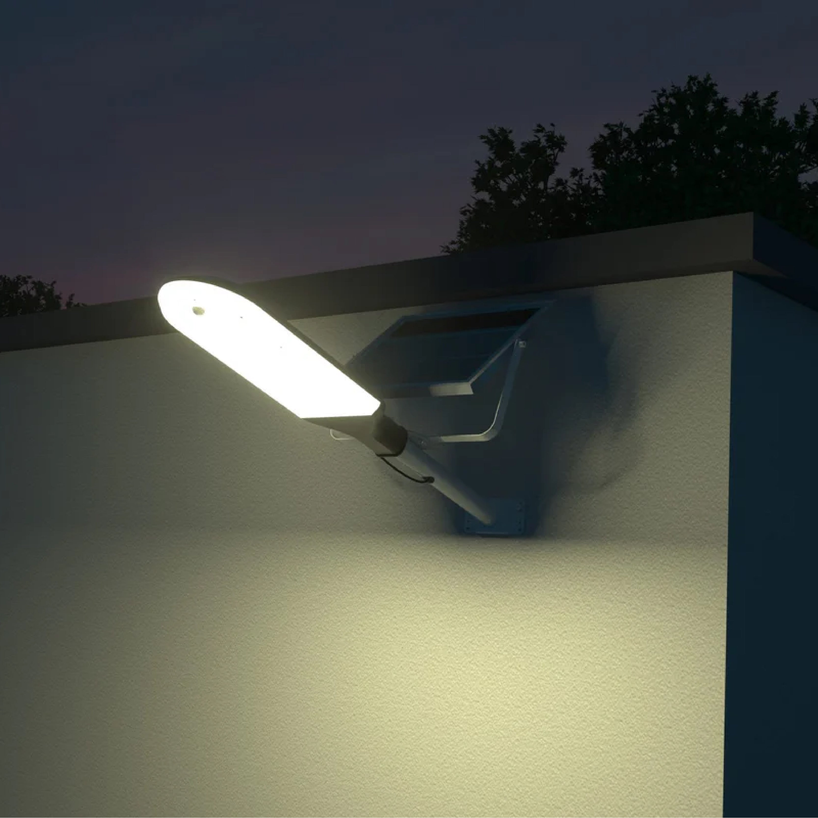 installazione a parete del lampione solare da esterno con flusso di 4800 lumen alla massima grazie al sensore di movimento che fa aumentare l' intensità luminosa al rilevamento di un movimento