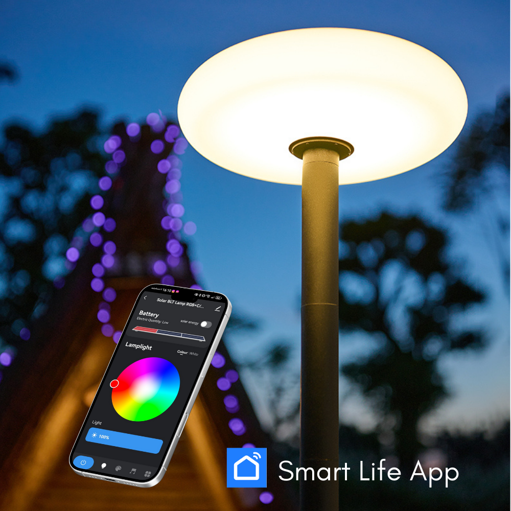 lampione ad energia solare led decorativo rgbw comando tramite app mobile smart life