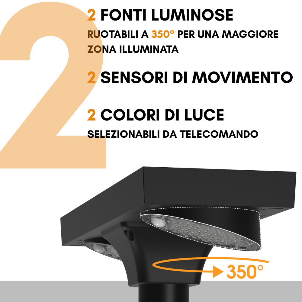lampione con doppia fonte luminosa ruotabile a 350°