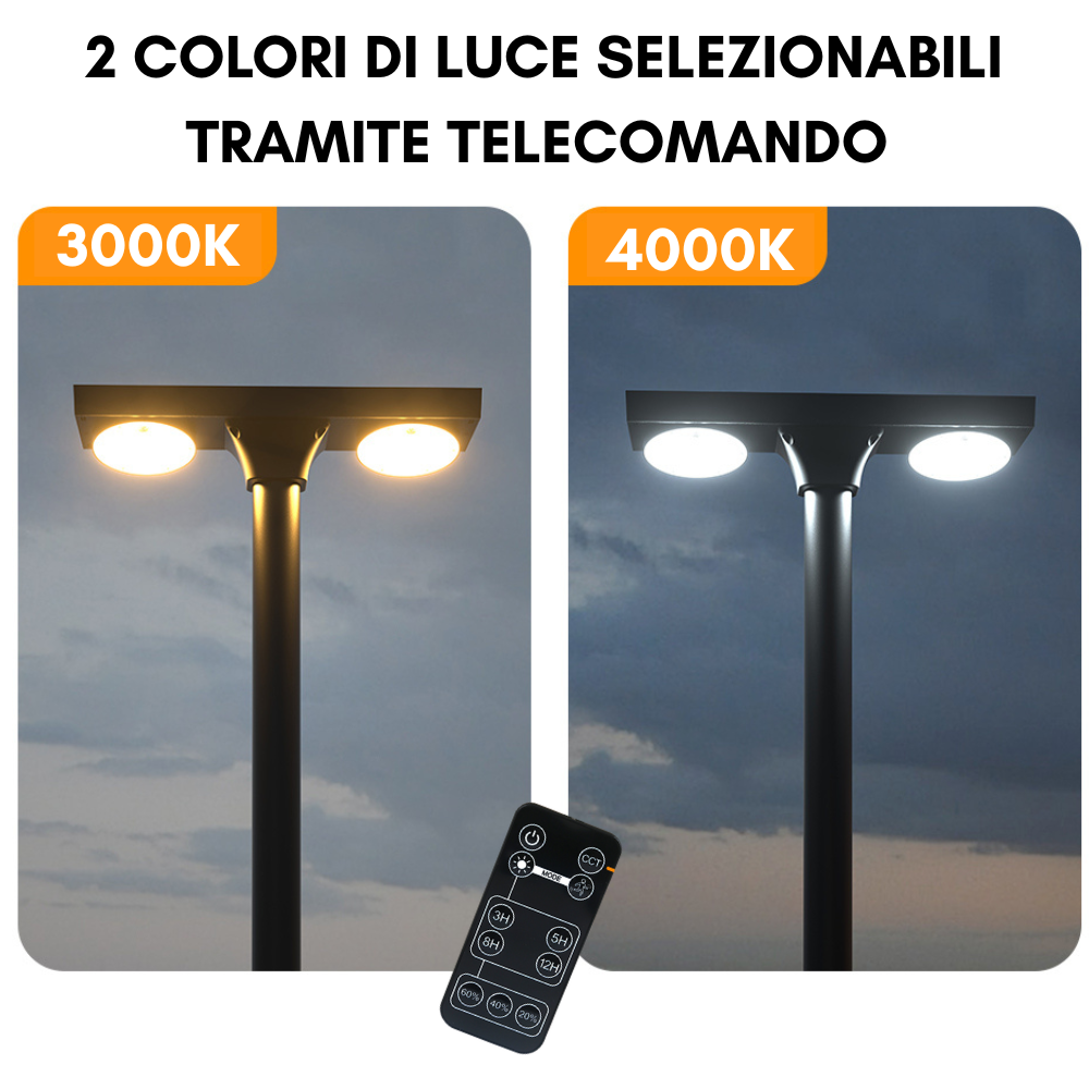 lampione solare con doppia fonte luminosa e due temperature di colore di luce selezionabili