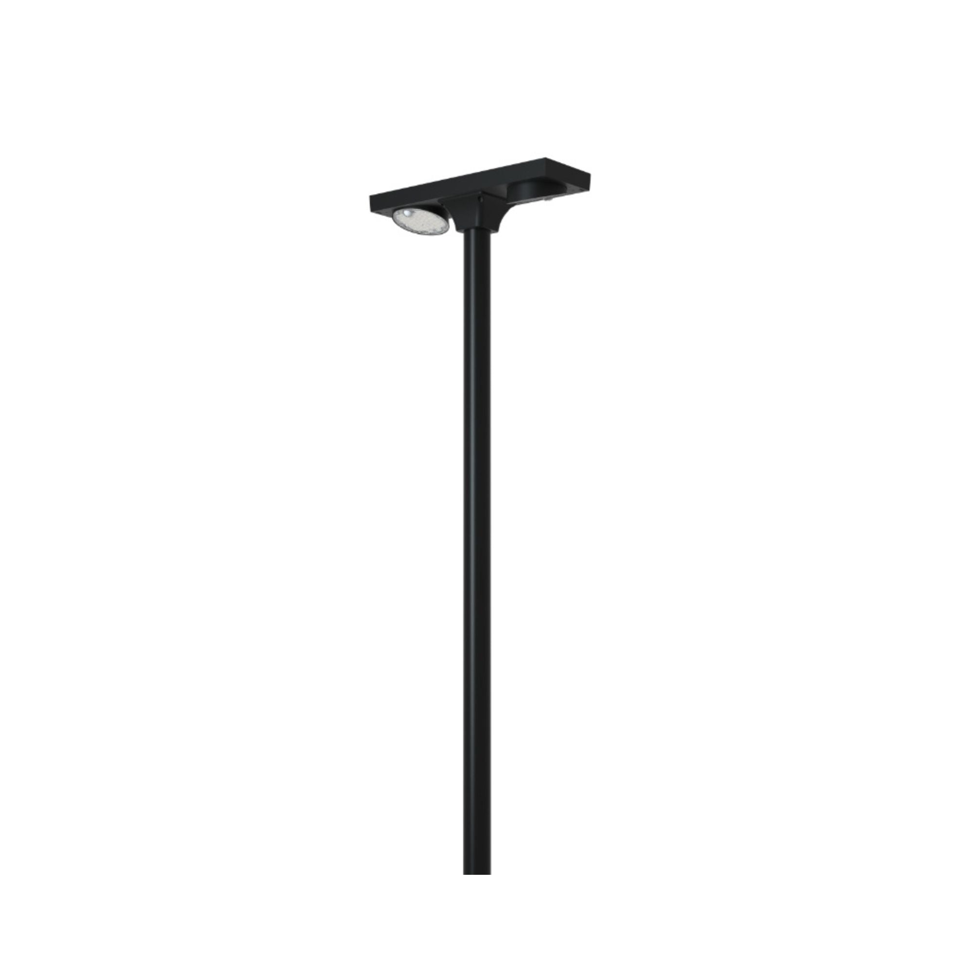 Lampione solare da esterno con due blocchi di led che possono essere roteati a 350° in maniera indipendente l' una dall' altra per orientare il fascio di luce ed il sensore di movimento