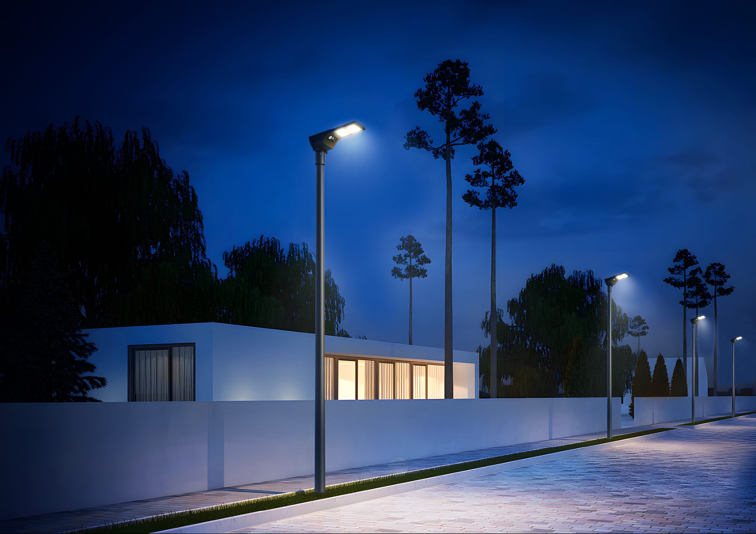 Marciapiede e viale pedonale illuminato con lampioni a led fotovoltaici LMS-56