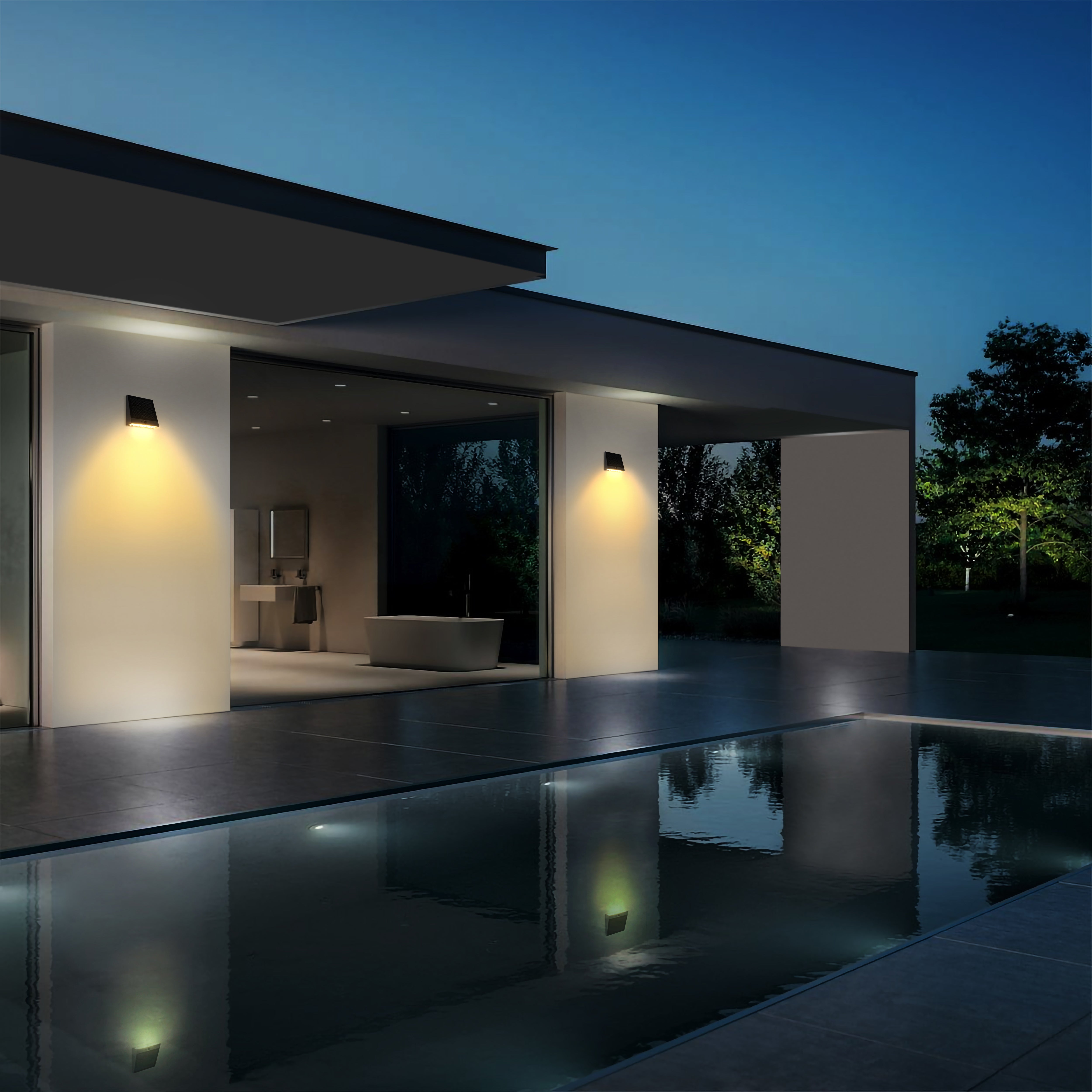 illuminazione di un esterno di un'abitazione con piscina con luci da parete solari