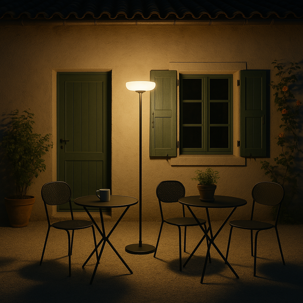 esterno casa rustica illuminata con piantana da esterno ad energia solare