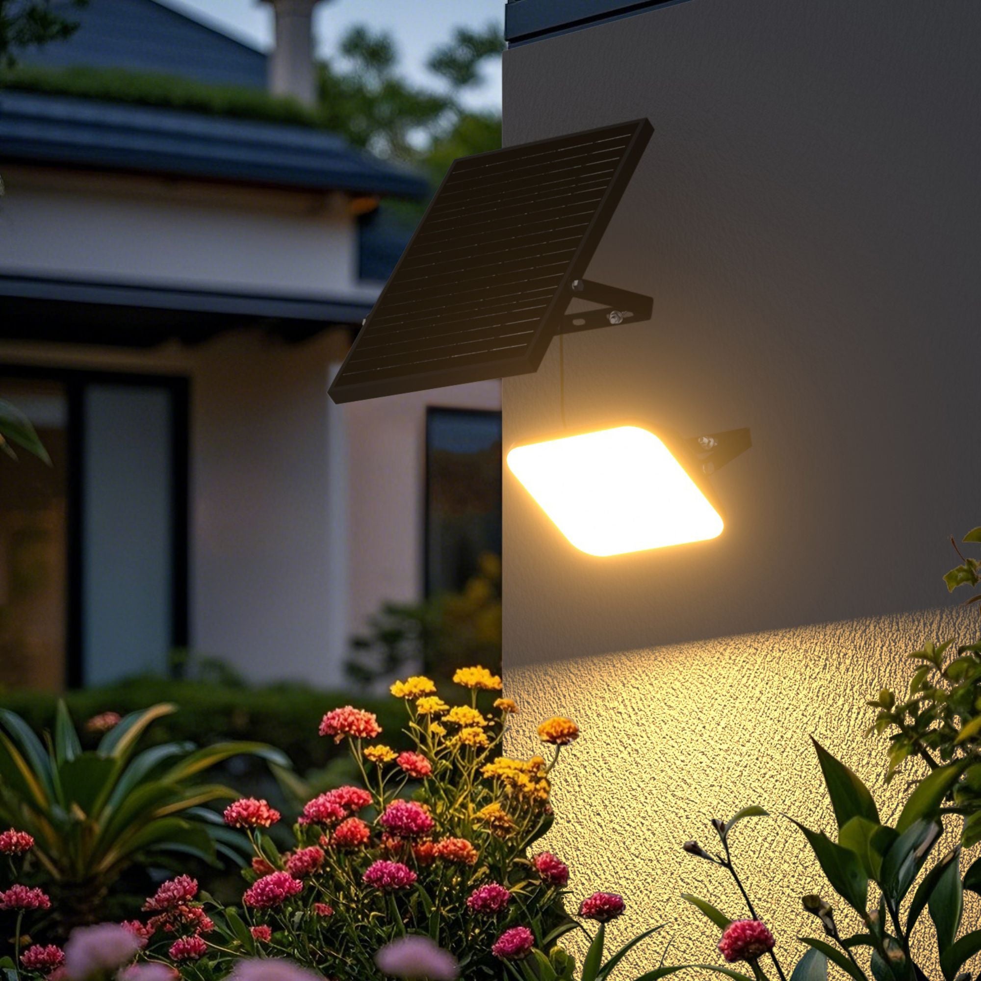 Faro ad energia solare con pannello fotovoltaico separato per illuminazione esterna, flusso luminoso 9600 lumen, colore della luce bianco caldo e bianco freddo