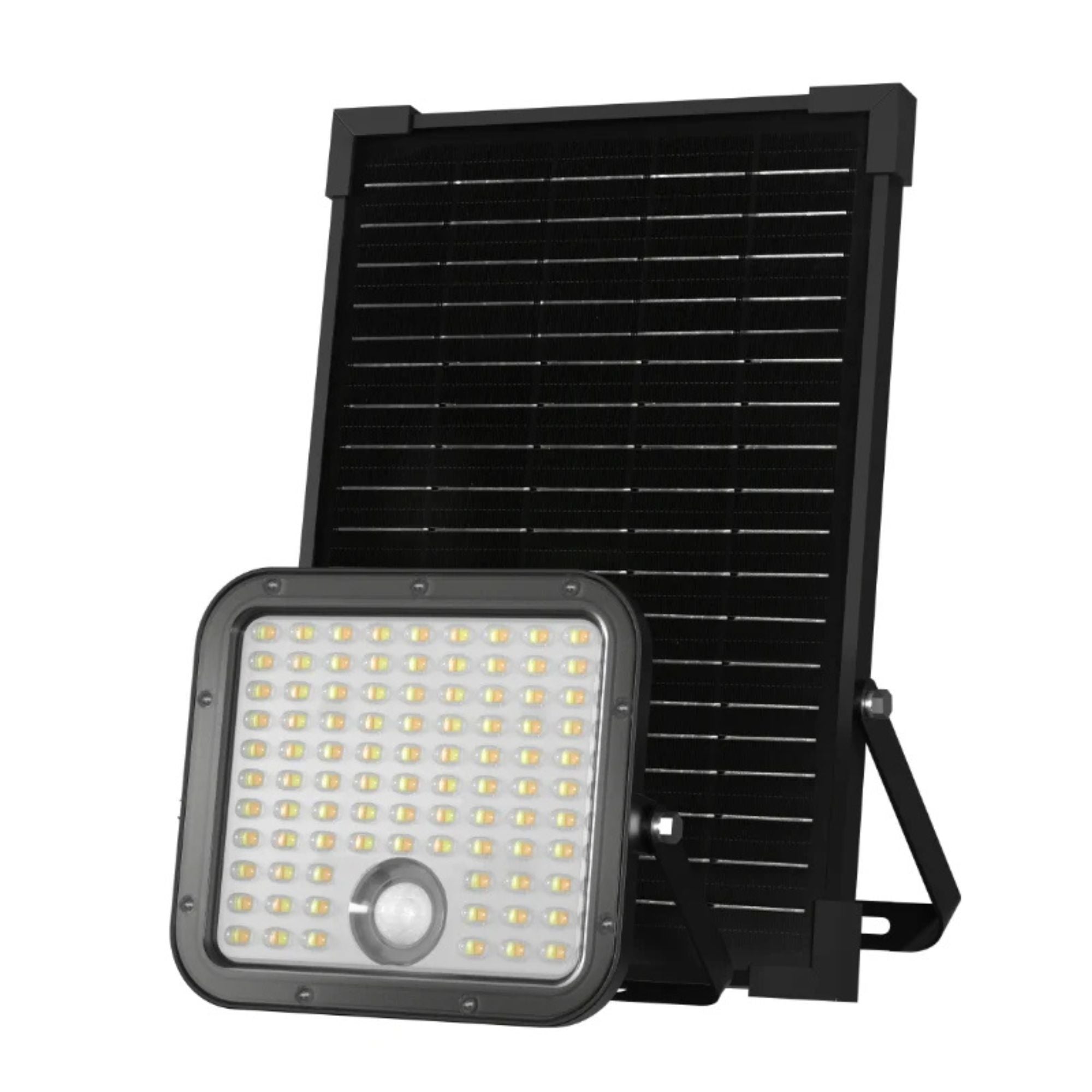 faro ad energia solare potente con pannello fotovoltaico, 2 colori di luce selezionabili in fase di installazione, flusso  luminoso 9600 lumen, sensore crepuscolare e sensore di movimento