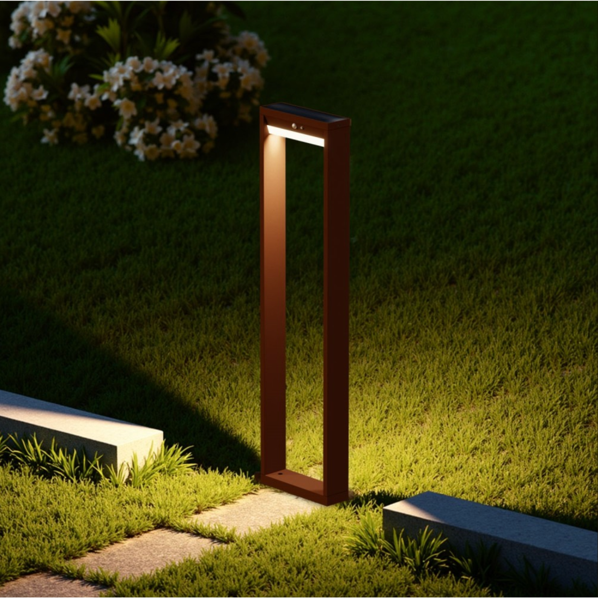 lampioncino ad energia solare con pannello fotovoltaico incorporato, flusso luminoso 600 lumen con sensore crepuscolare e sensore di movimento
