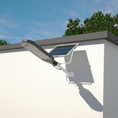 lampione ad energia solare con pannello fotovoltaico separato con sensore di movimento e sensore crepuscolare installato a parete 